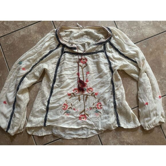 Free People M Embroidered Tasseled Tunic Blouse Ivory Cotton Rayon - Picture 1 of 9